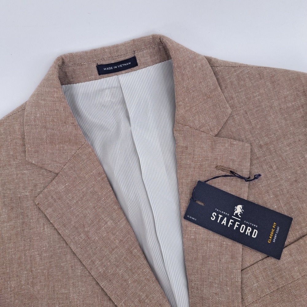 Stafford Classic Fit Sport Coat Mens 38R Linen Blend Khaki Solid 2-Button Blazer